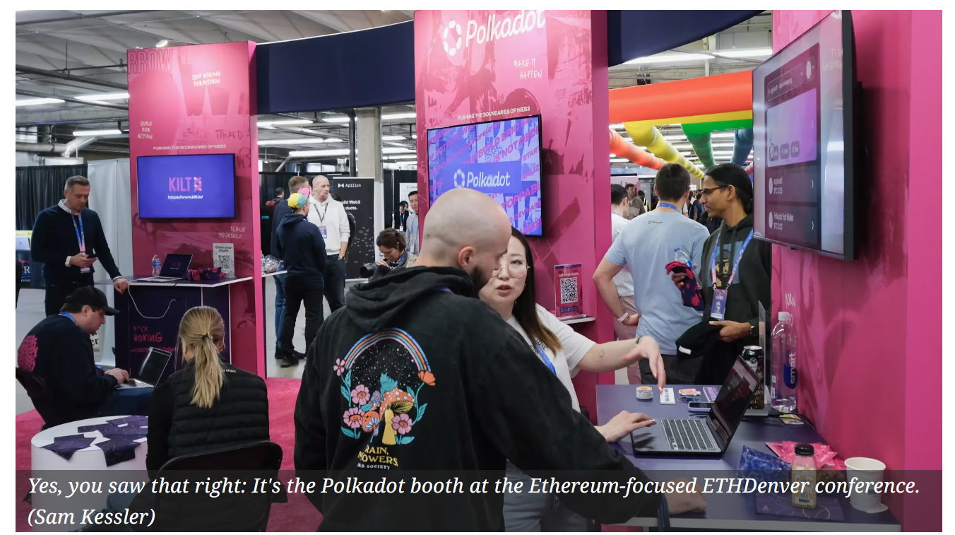 The Polkadot booth at ETHDenver 2024, a hub of ecosystem collaboration and innovation, showcasing Polkadot's evolution